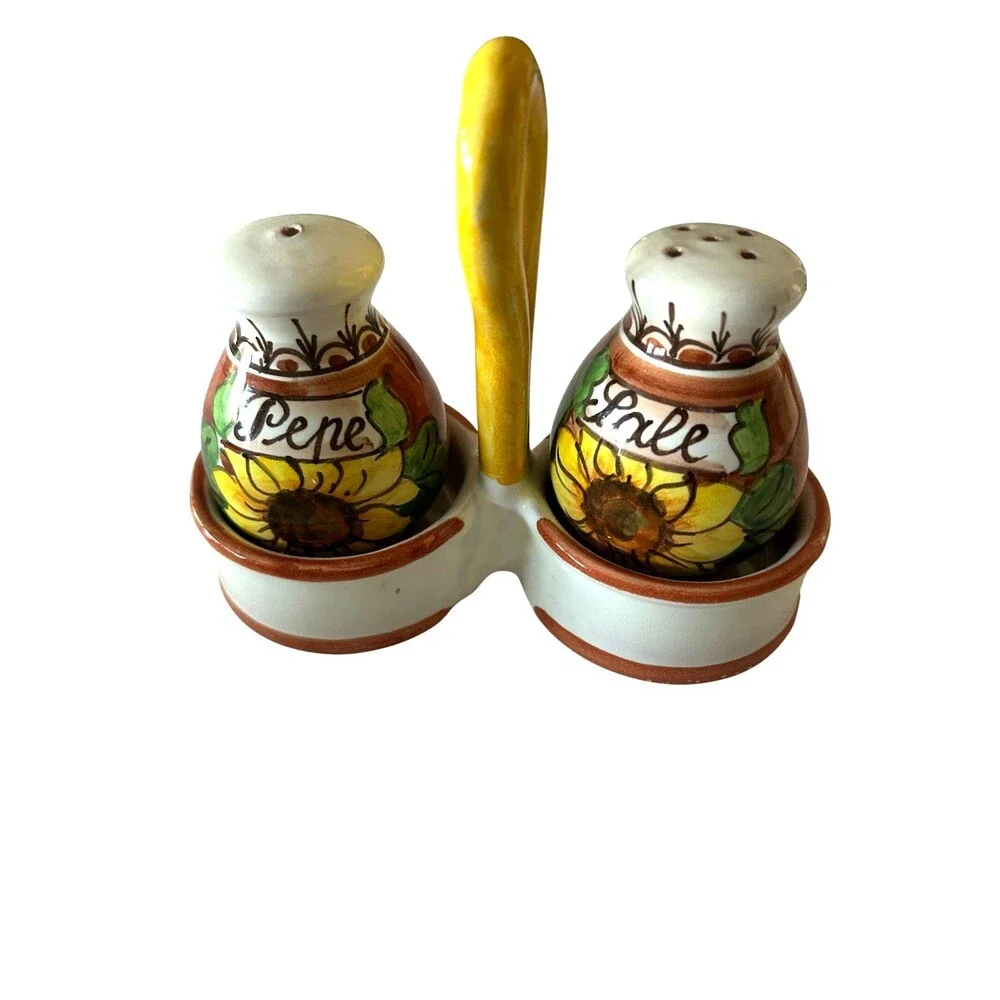 Sunflower Salt and Pepper Shakers with Caddy Signed Italian Pottery Stoppers